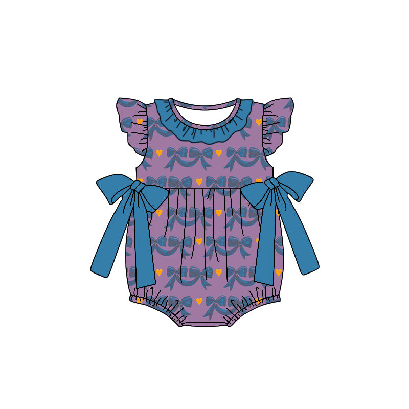 (Custom Design Preorder MOQ 5) Bows Blue Purple Print Baby Girls Summer Romper