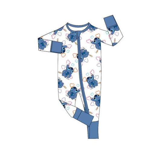 (Custom Design Preorder MOQ 5) Cartoon Stitc* Print Baby Girls Sleeper Zipper Romper