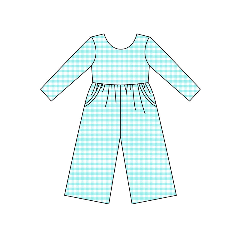 (Split Order Preorder) Deadline Feb.6 Blue Plaid Print Pockets Girls Spring Swoop Back Long Sleeve Leggy Jumpsuits