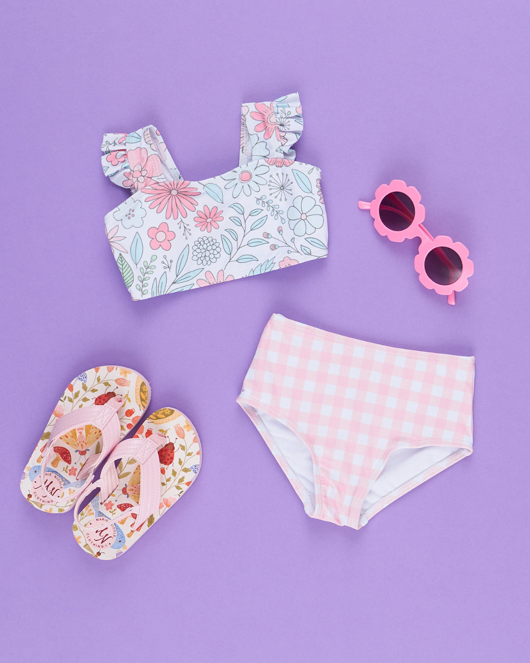 (Custom Design Preorder MOQ 5) Flowers Top Plaid Shorts Girls 2 Pieces Swimsuits