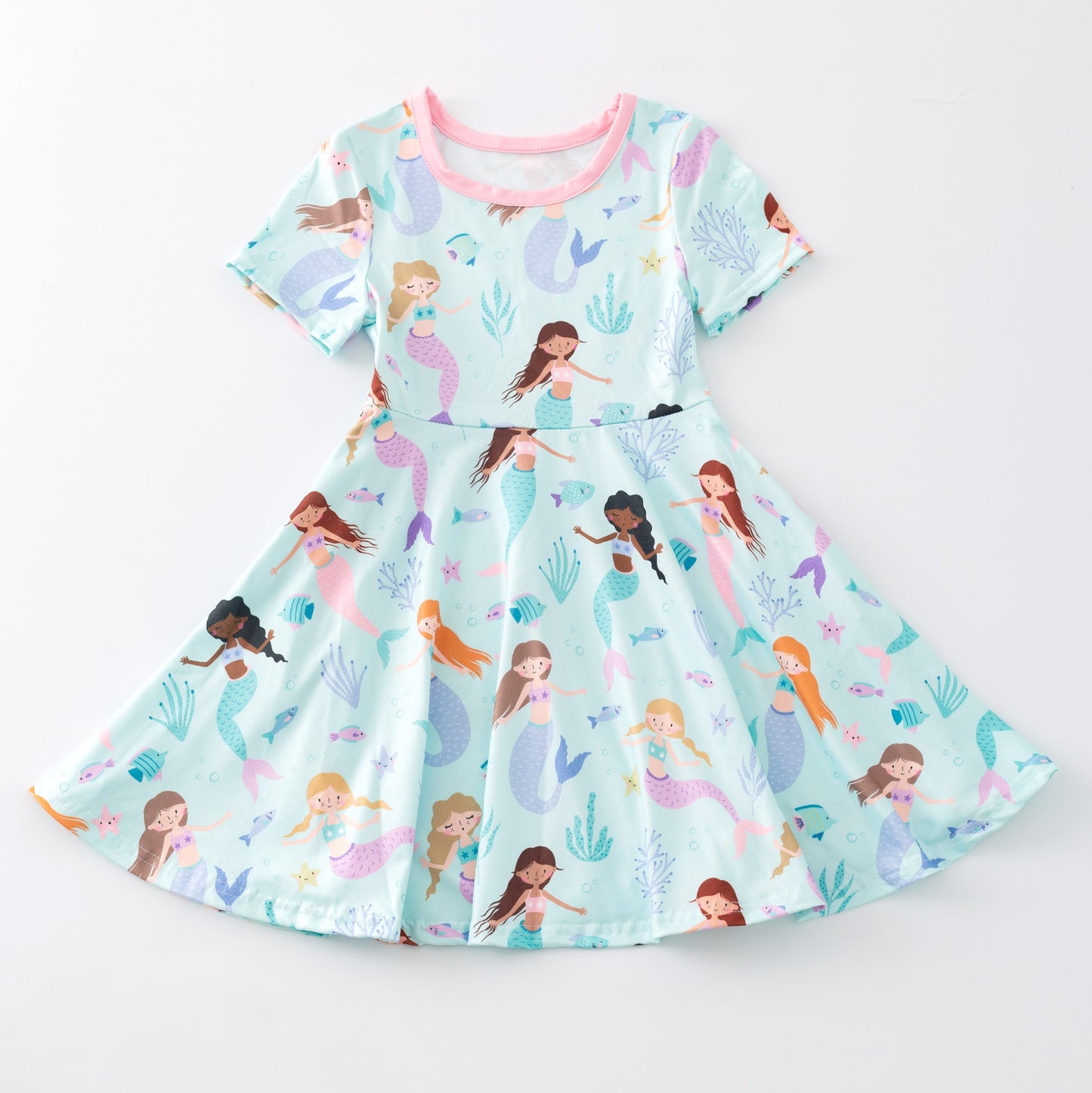 (Custom Design Preorder MOQ 5) Mermaid Print Girls Summer Knee Length Dress