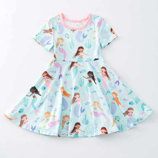 (Custom Design Preorder MOQ 5) Mermaid Print Girls Summer Knee Length Dress