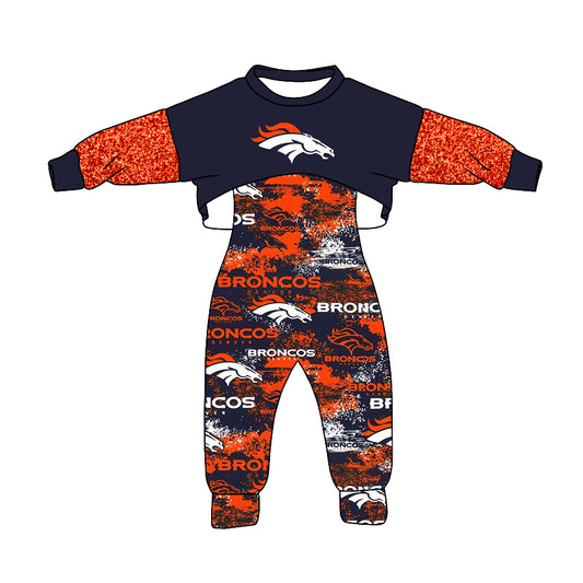 (Custom Design MOQ 5)  NO.29 Dark Orange Navy Football Team's Print Girls Jumpsuits Clothes Set