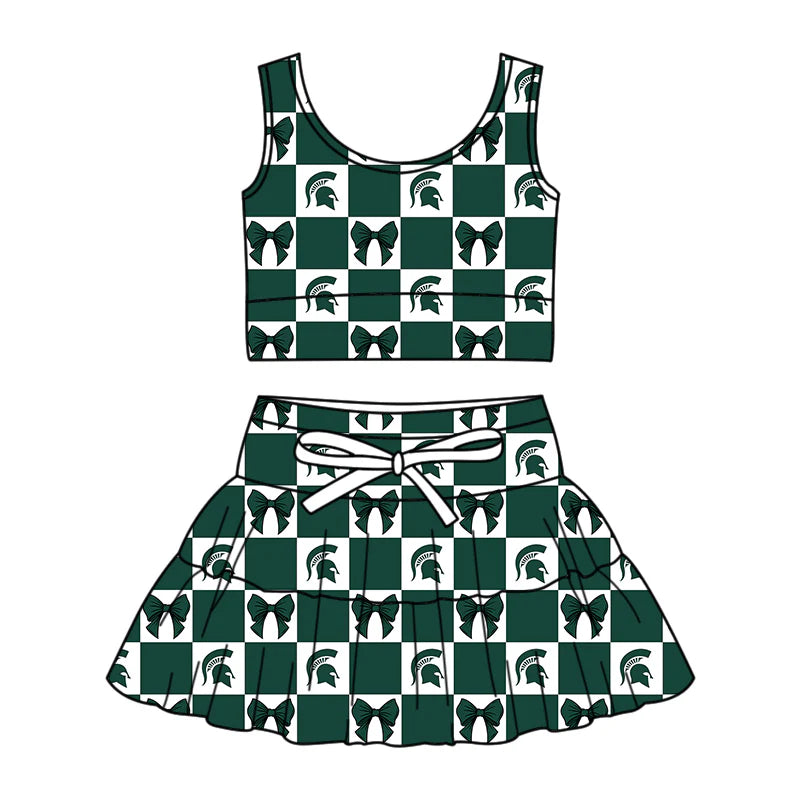 (Custom Design Preorder MOQ 5 Each Color) Team's Spartans Bows Plaid Print Girls Summer Clothes Sisters Matching Wear