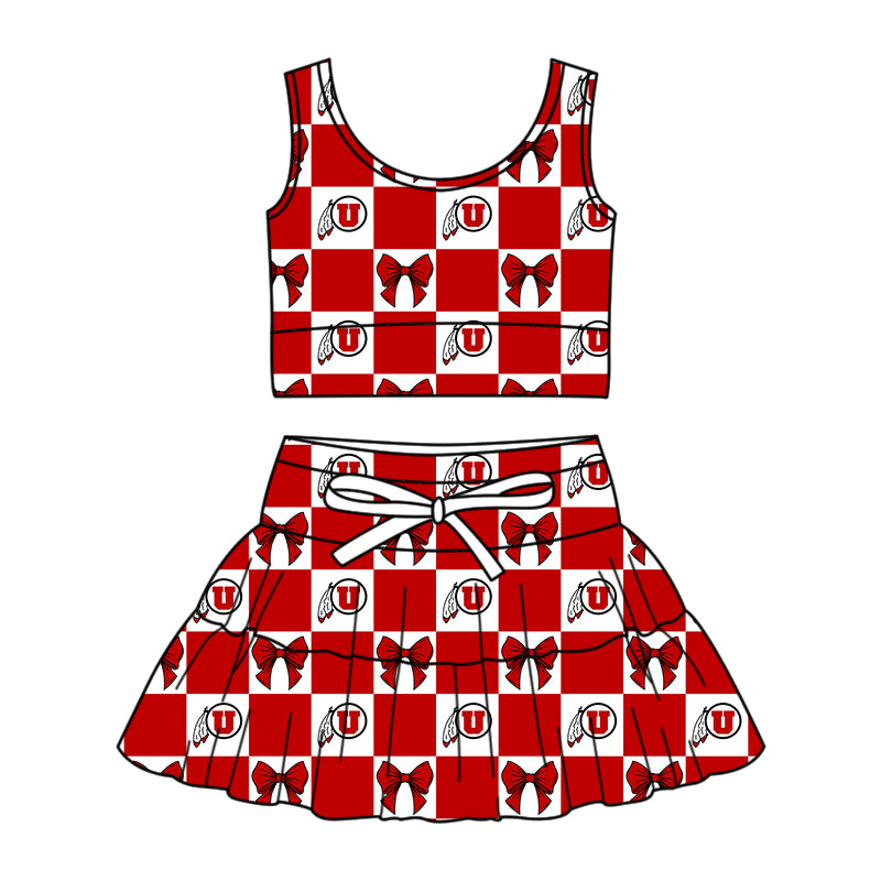 (Custom Design Preorder MOQ 5 Each Color) Team's Utah Utes Bows Plaid Print Girls Summer Clothes Sisters Matching Wear