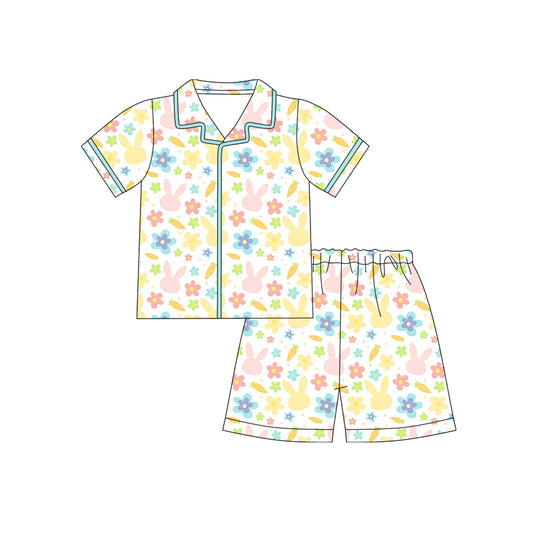 12.10 (Custom Design Preorder MOQ 5)  Bunny Flowers Print Girls Easter Buttons Pajamas Clothes Set