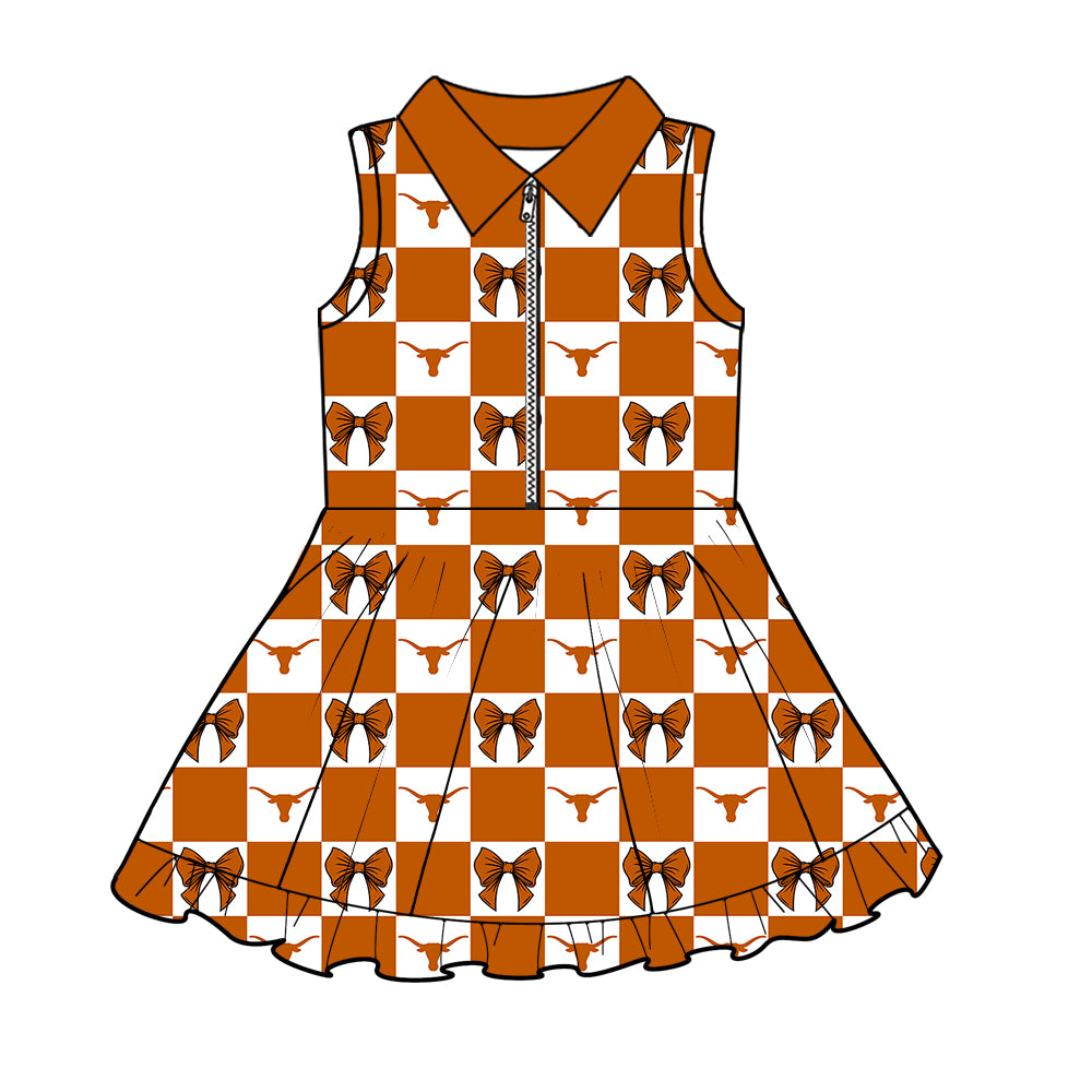 (Custom Design Preorder MOQ 5 Each Color) Team's Texas Longhorns Bows Plaid Print Girls Summer Clothes Sisters Matching Wear