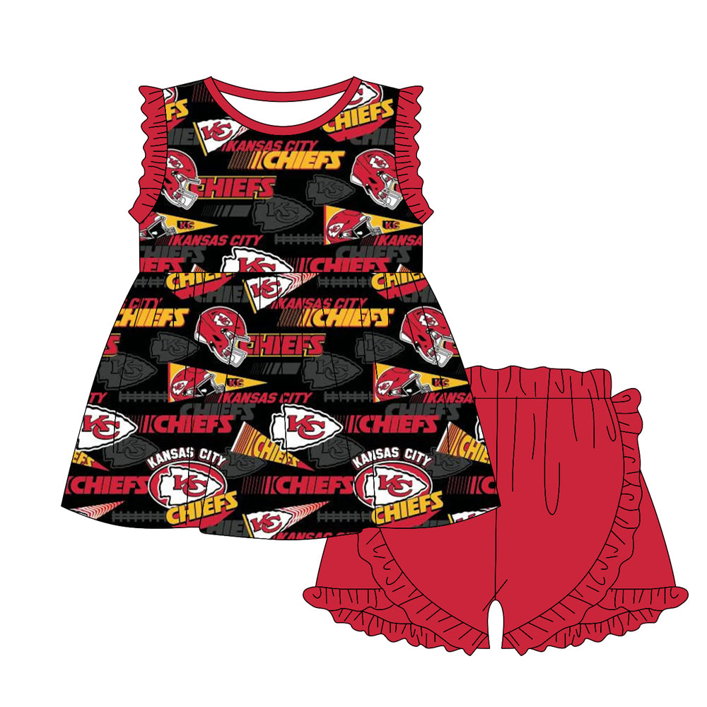 12.30(Custom Design Preorder MOQ 5) Team's KC Tunic Top Red Shorts Girls Summer Clothes Set