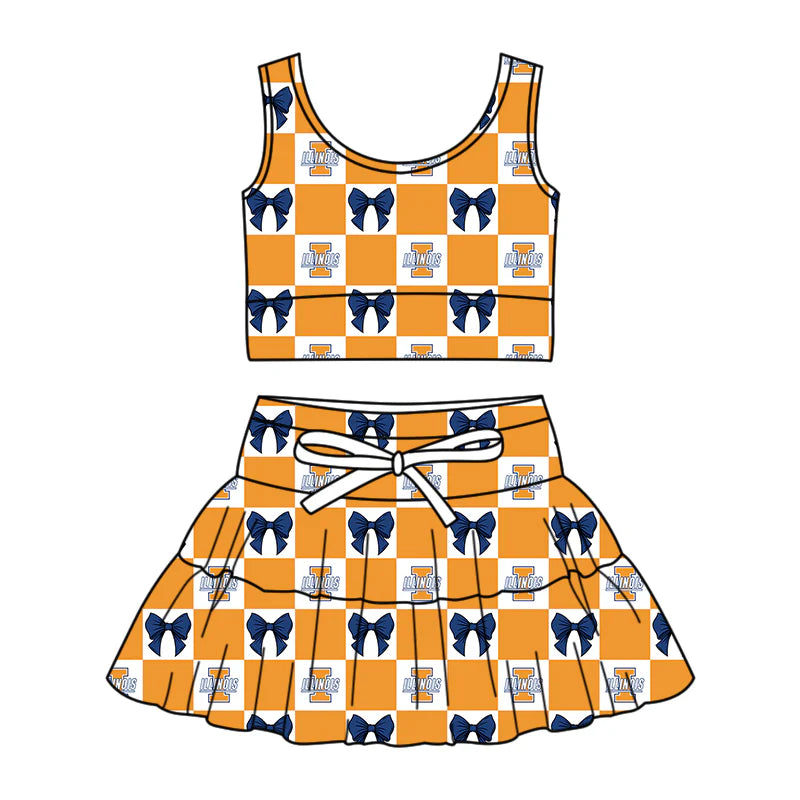 (Custom Design Preorder MOQ 5 Each Color) Team's Illinois Bows Plaid Print Girls Summer Clothes Sisters Matching Wear