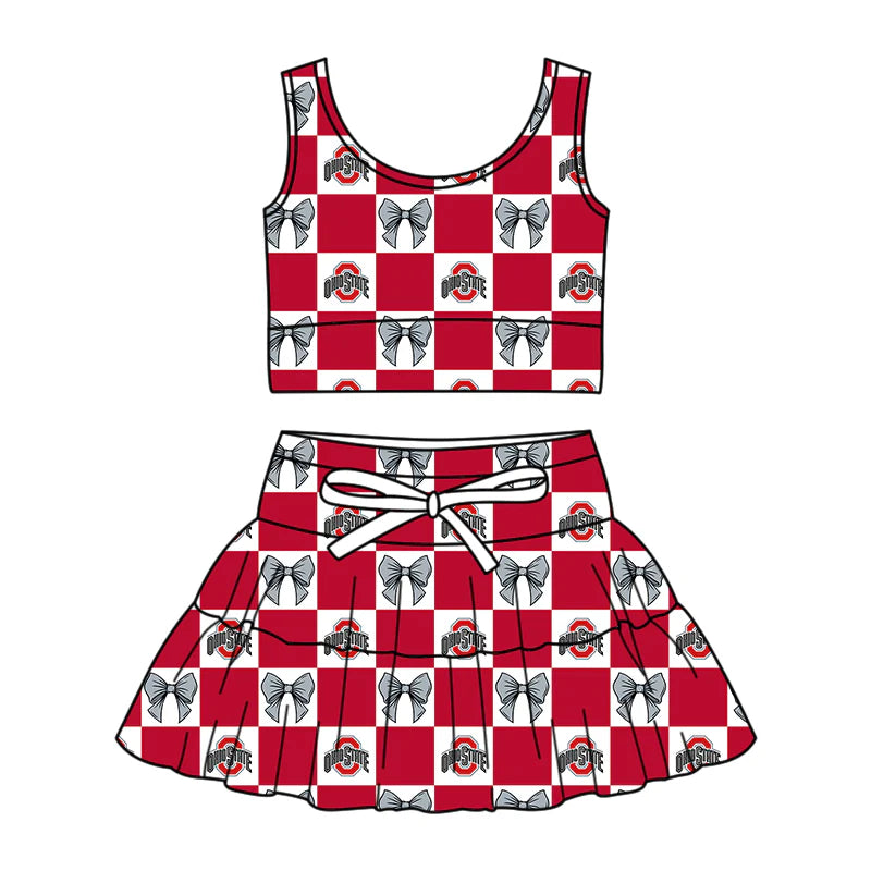 (Custom Design Preorder MOQ 5 Each Color) Team's OHIO STATE Bows Plaid Print Girls Summer Clothes Sisters Matching Wear