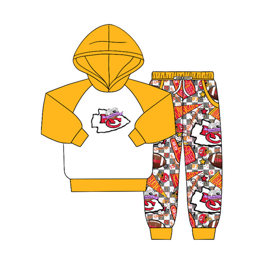 (Custom Design Preorder MOQ 5) Team's KC Yellow Hoodie Top Pockets Pants Boys Fall Clothes Set