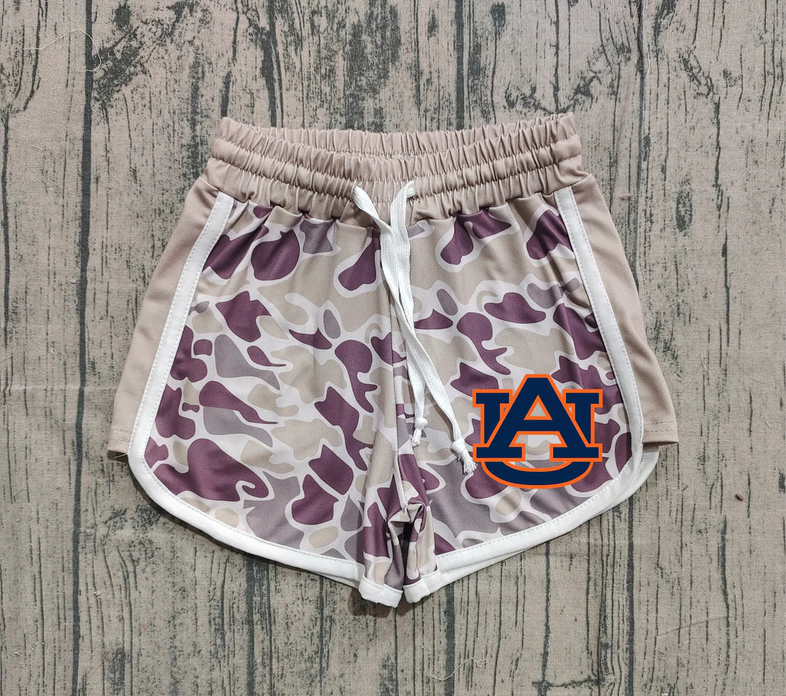 (Custom Design Preorder MOQ 5 Each Item) Team's Auburn Khaki Purple Camo Print Summer Bottom Shorts Mom and Me Matching Clothes