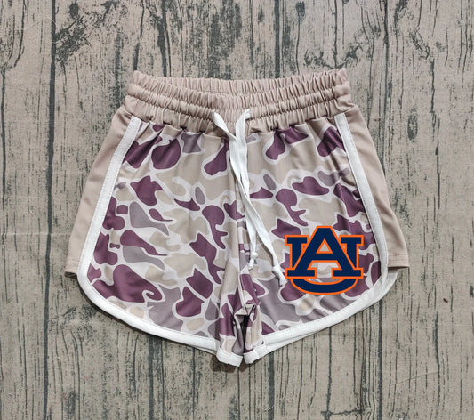 (Custom Design Preorder MOQ 5 Each Item) Team's Auburn Khaki Purple Camo Print Summer Bottom Shorts Mom and Me Matching Clothes