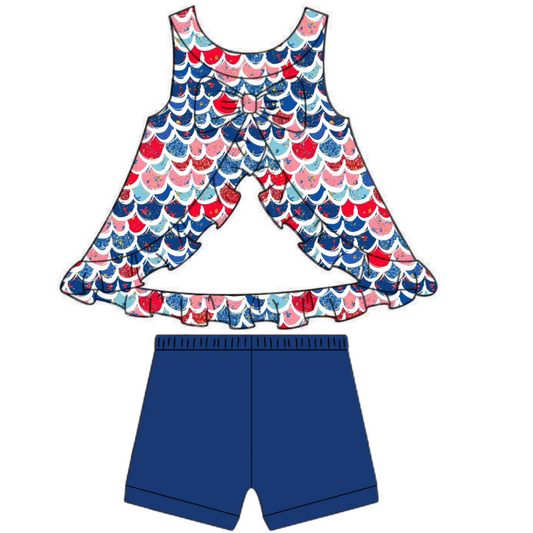 (Custom Design Preorder MOQ 5) Mermaid Scale Top Blue Shorts Girls 4th of July Clothes Set