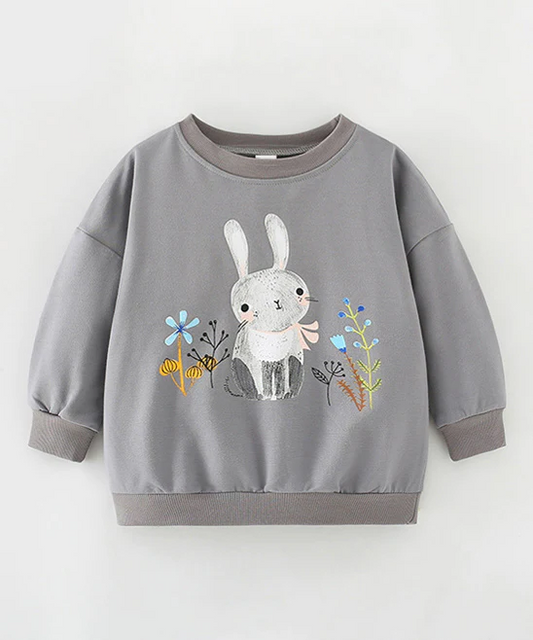 (Custom Design Preorder MOQ 5) Grey Bunny Flowers Print Girls Easter Tee Shirts Top