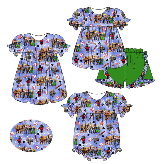 2.19(Custom Design Preorder MOQ 5 Each Design)  Cartoon Games Roblo* Purple Print Girls Summer Matching Clothes Sisters Wear