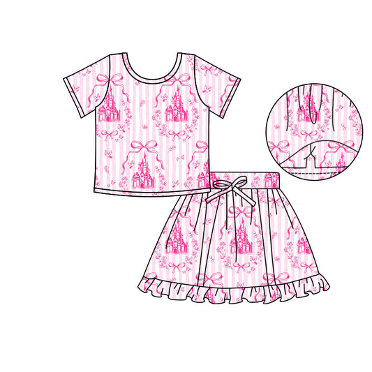 (Custom Design Preorder MOQ 5) Cartoon Castle Pink Bows Top Skirts Shorts Girls Summer Clothes Set