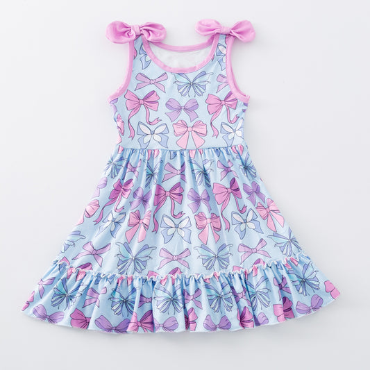 (Custom Design Preorder MOQ 5 ) Purple Blue Bows Print Girls Summer Knee Length Dress