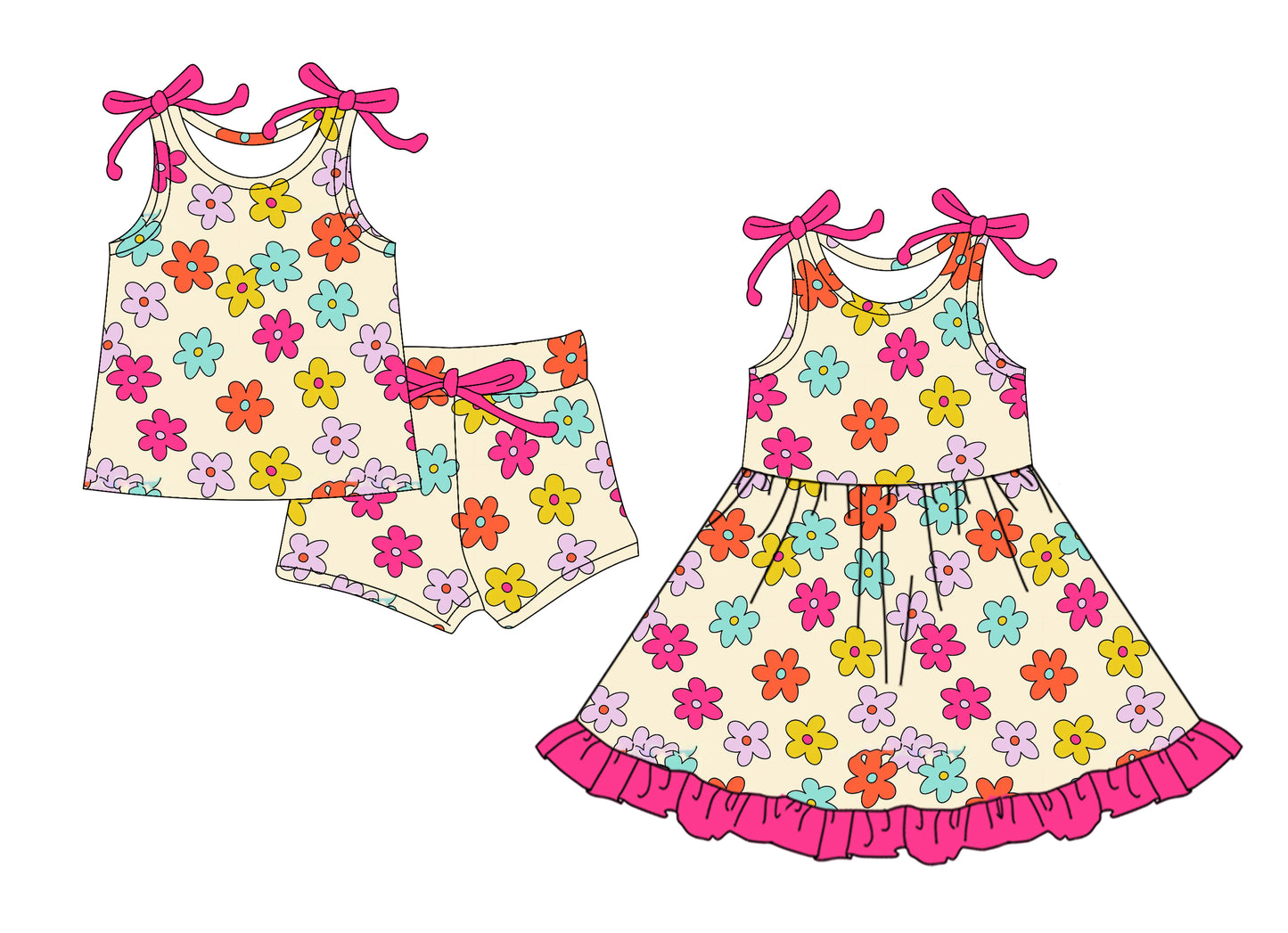 4.14(Custom Design Preorder MOQ 5 Each Design) Colorful Flowers Print Girls Summer Matching Clothes Sisters Wear