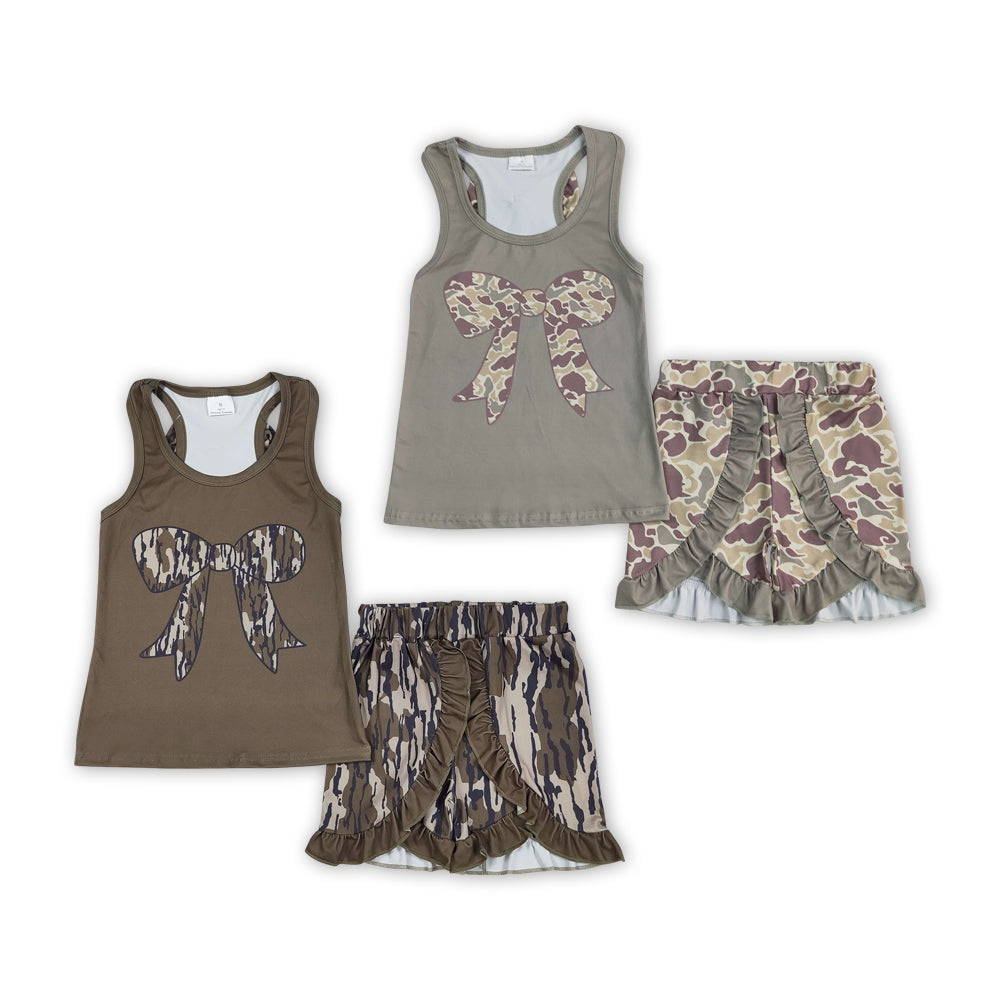 2 Colors Camo Bows Shorts Girls Summer Clothes Set Sisters Wear