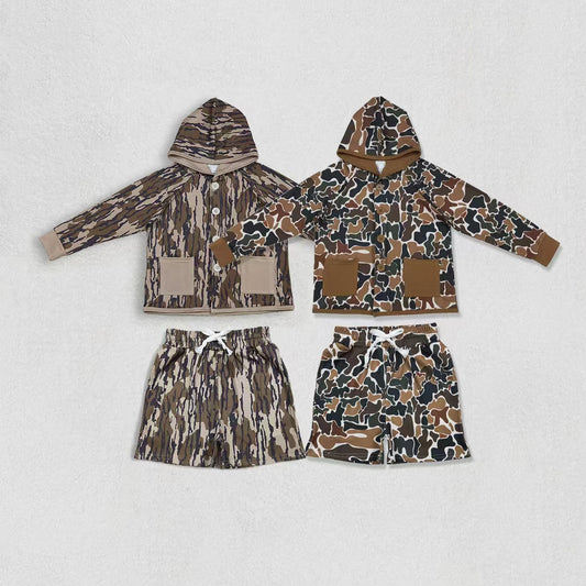 2 Colors Camo Pockets Hoodie Buttons Jackets Top Shorts Kids Clothes Set Sibling Wear
