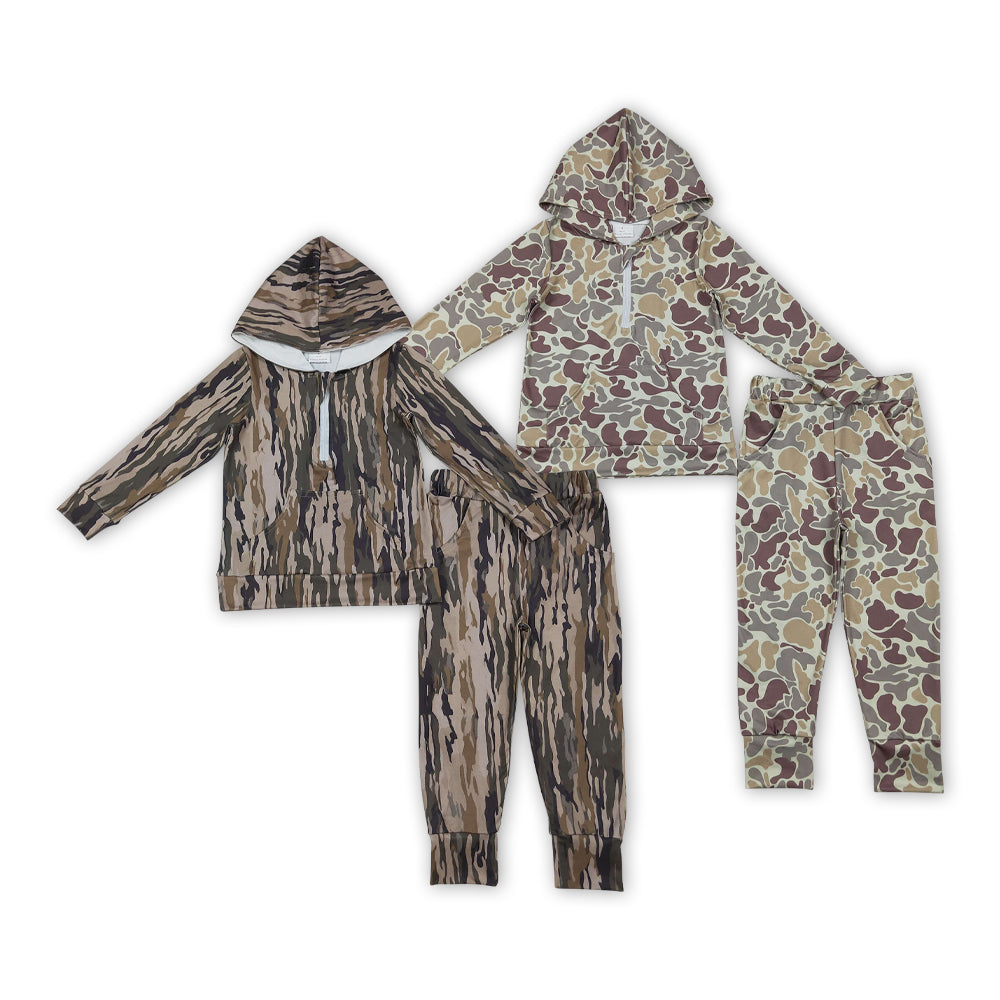 2 Colors Camo Zipper Hoodie Top Pockets Pants Boys Fall Clothes Set Sibling Wear