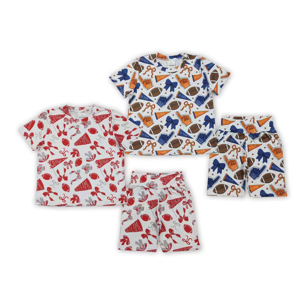 2 Colors Go Team Cheer Bows Print Girls Summer Clothes Set Sisters Wear