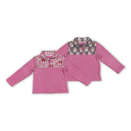 2 Pink Color Girls Long Sleeve Zipper Thick Pullover Top Sisters Wear
