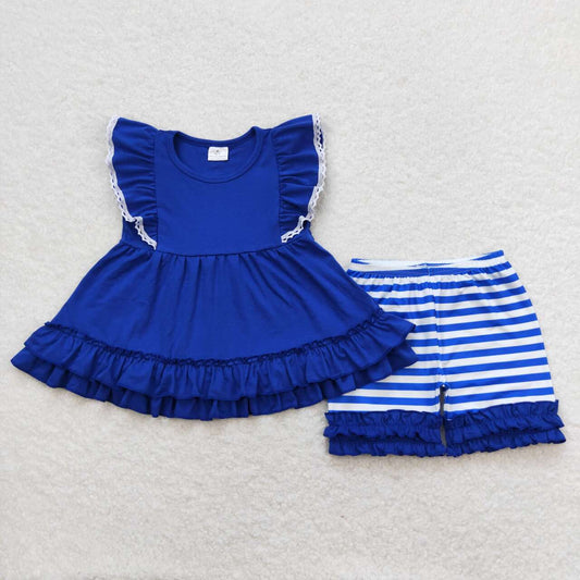 GSSO0762  Blue Ruffles Tunic Top Stripes Shorts Girls Summer Clothes Set