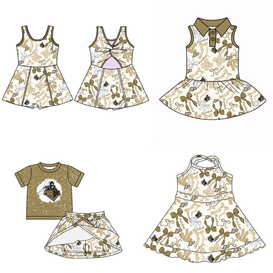 (Custom Design Preorder MOQ 5 Each Color) Team's PURDUE Bows Print Girls Summer Clothes Sisters Matching Wear