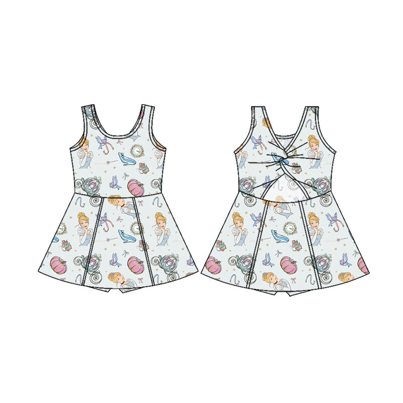 (Custom Design Preorder MOQ 5 Each Item) 1-4 Styles Cartoon Princess Print Backless Shorts Skirts Girls Summer Yoga Dress
