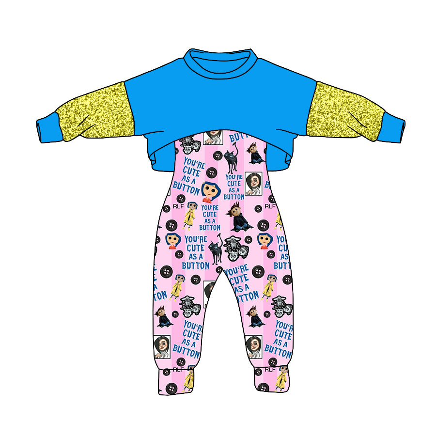 (Custom Design MOQ 5) Blue Top Cartoon Coraline Pink Jumpsuit Girls Halloween Clothes Set