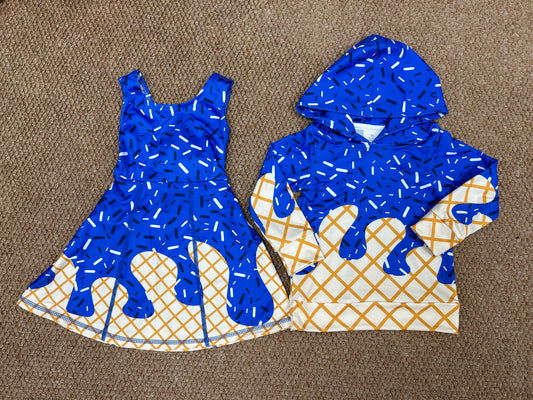 Sprinkles Blue Print Girls Yoga Dress & Boys Hoodie Top Sibling Matching Clothes