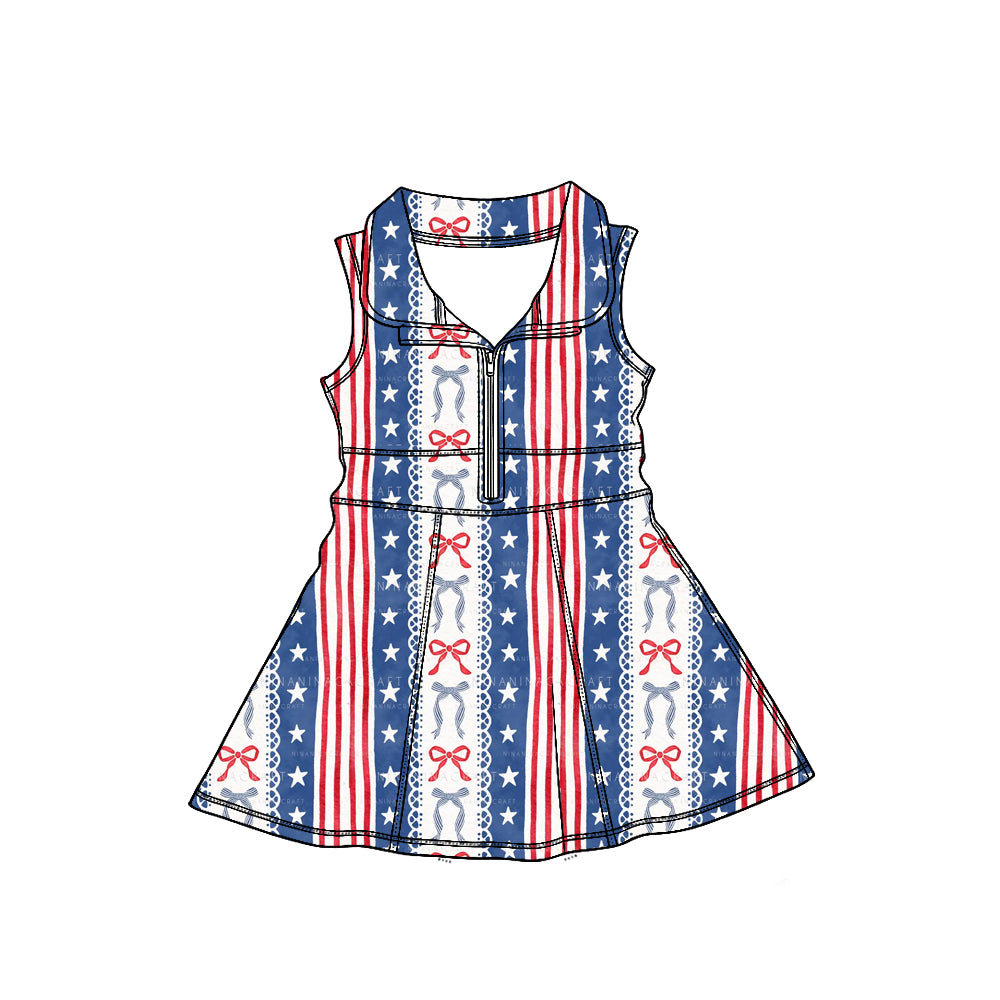 (Custom Design Preorder MOQ 5) Bows Stars Print Zipper Shorts Skirts Girls 4th of July Yoga Dress Sisters Wear