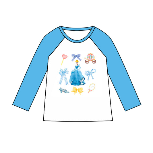 (Custom Design Preorder MOQ 5) Cartoon Princess Blue Print Girls Tee Shirts Top