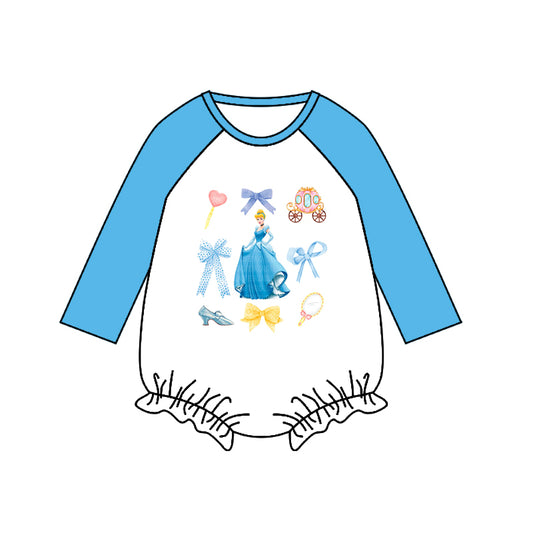 (Custom Design Preorder MOQ 5) Cartoon Princess Blue Print Baby Girls Romper