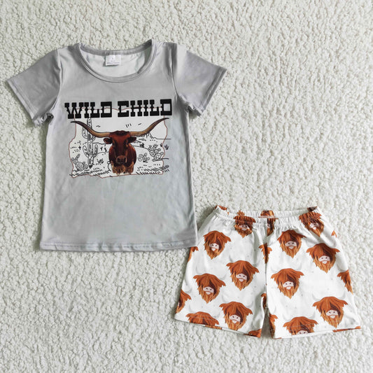 (Promotion)Wild child highland cow print boys summer outfits  BSSO0004