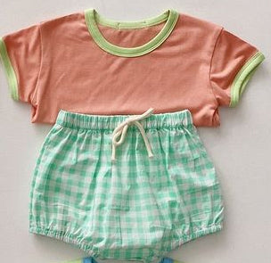 (Custom Design Preorder MOQ 5) Pink Top Green Plaid Shorts Baby Summer Bummie Set