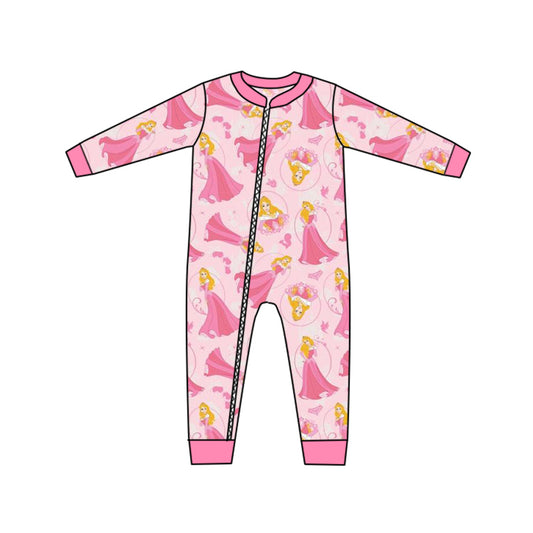 (Custom Design MOQ 5) Cartoon pink princess baby girls zipper romper