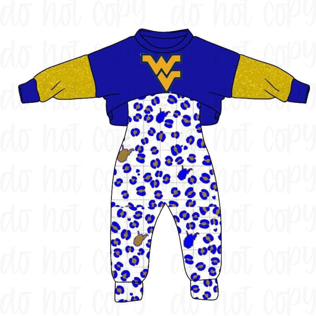 (Custom Design MOQ 5) Blue Leopard Football Team's Girls Jumpsuits Clothes Set