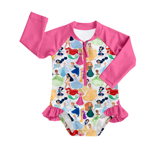 (Custom Design Preorder MOQ 5)  Cartoon Princess Print Girls 1 Piece Long Sleeve Zipper Swimsuits