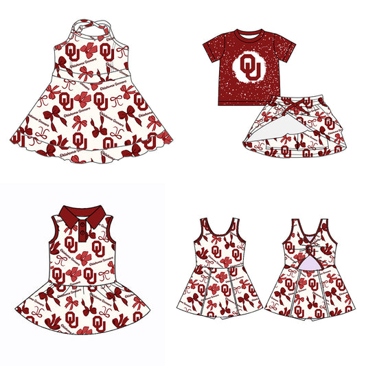 (Custom Design Preorder MOQ 5 Each Color) Team's Oklahoma Sooners Bows Print Girls Summer Clothes Sisters Matching Wear