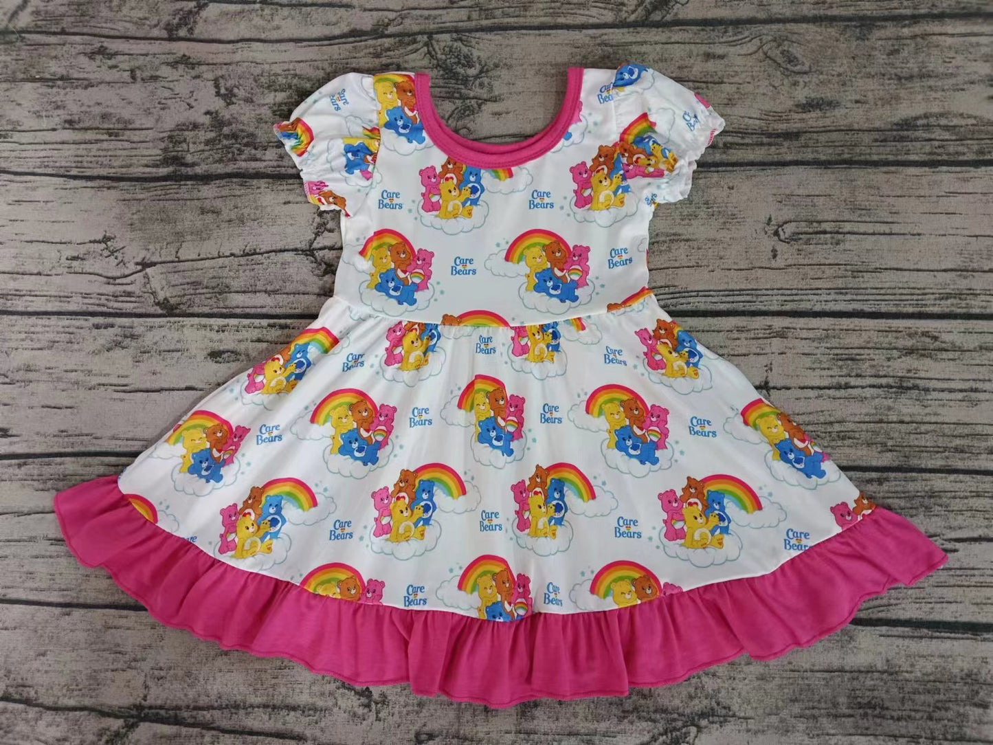 (Custom Design Preorder MOQ 5) Cartoon Bear Rainbow Print Girls Knee Length Summer Dress