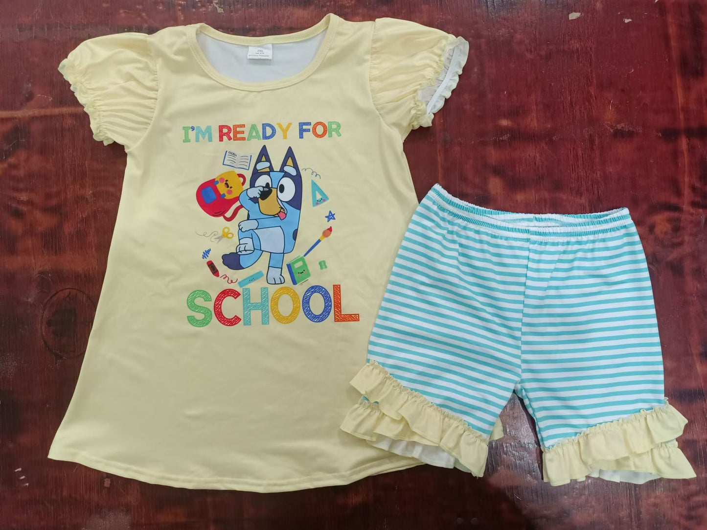 (Custom Design Preorder MOQ 5) Cartoon Dog Ready to School Print Girls Summer Clothes Set