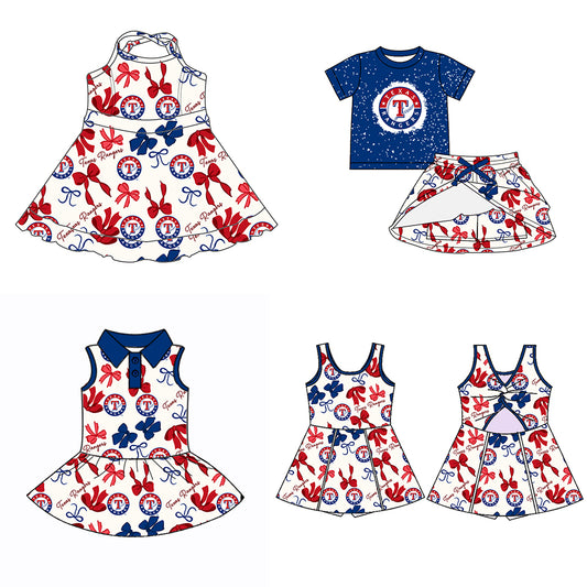 (Custom Design Preorder MOQ 5 Each Color) Team's TEXAS RANGERS Bows Print Girls Summer Clothes Sisters Matching Wear