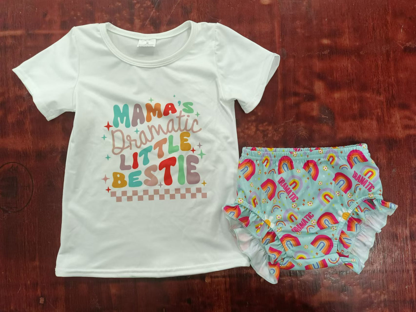 (Custom Design Preorder MOQ 5) Bestie Rainbow Print Top Shorts Baby Girls Summer Bummie Sets