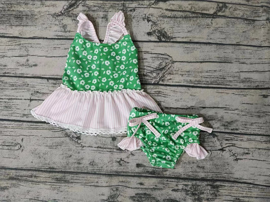 (Custom Design Preorder MOQ 5)  Green Flowers Print Girls 2 Pieces Swimsuits