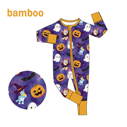 (Custom Design Preorder MOQ 20) Cartoon Dog Pumpkin Print Baby Halloween Long Sleeve Bamboo Sleeper Zipper Romper