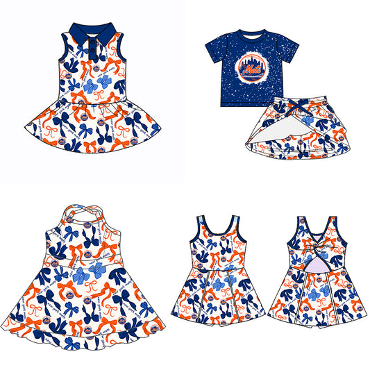(Custom Design Preorder MOQ 5 Each Color) Team's NEW YORK METS Bows Print Girls Summer Clothes Sisters Matching Wear