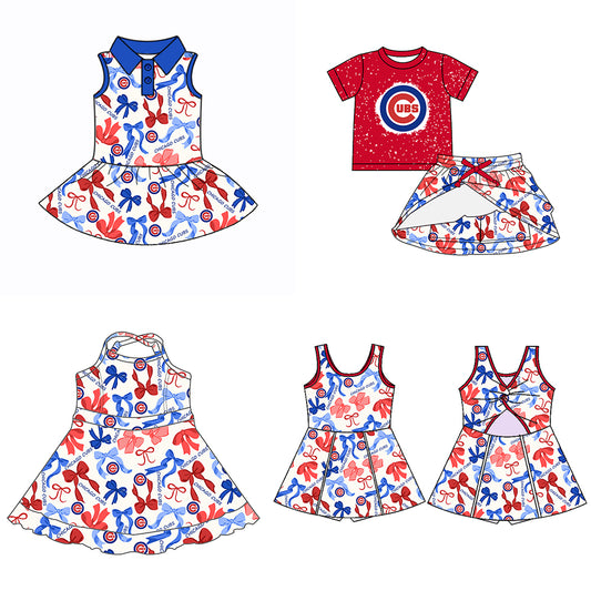 (Custom Design Preorder MOQ 5 Each Color) Team's CHICAGO CUBS Bows Print Girls Summer Clothes Sisters Matching Wear